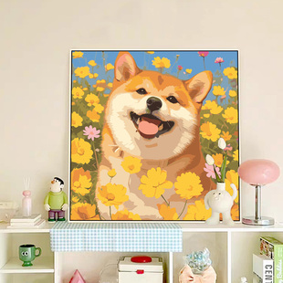 可爱柴犬狗狗数字油画diy填充填色手工绘治愈系丙烯油彩画装 饰画