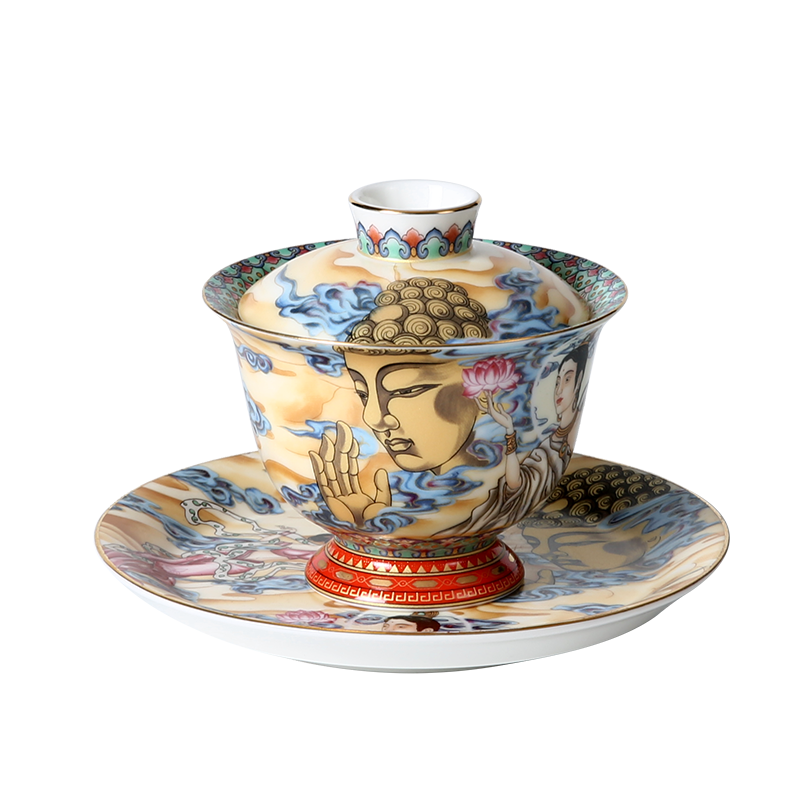 珐琅彩敦煌壁画飞天侍女陶瓷三才盖碗大号敬茶碗功夫茶具家用杯盏