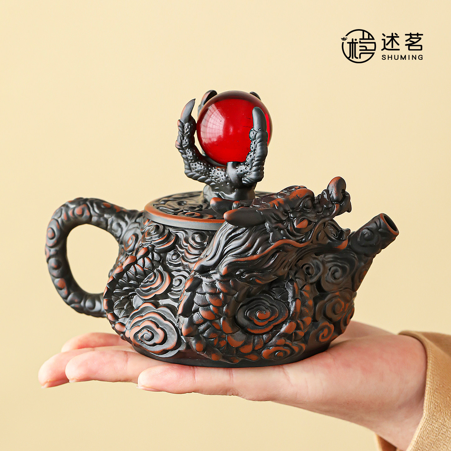 中国风龙纹浮雕紫陶茶壶手工雕刻龙吐珠单壶创意茶具收藏送礼摆件
