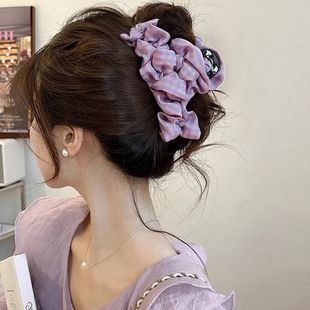 韩系2025新款 高级布艺格子云朵抓夹发量大盘发夹后脑勺鲨鱼夹发饰