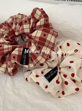 新年红色格纹大肠发圈网红2024新款布艺波点头绳甜美清新气质发绳