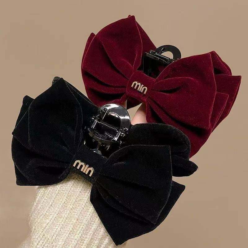 秋冬丝绒蝴蝶结抓夹气质酒红高级鲨鱼夹特大号后脑勺盘发饰女