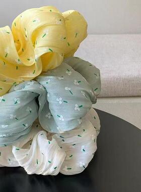 2025春夏新款黄色绸缎大肠发圈女花朵碎花马卡龙色头花发绳盘发器