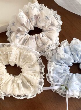 法式蕾丝碎花蓝色蝴蝶结大肠发圈发绳头绳花朵丸子头发饰皮筋马尾