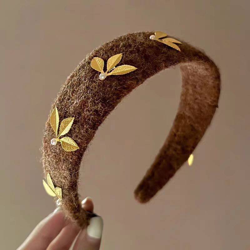 美拉德毛呢宽边发箍金叶复古女高级感气质优雅高颅顶头箍头饰