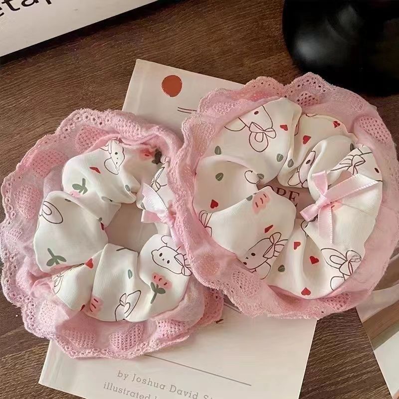 可爱小兔甜美印花蝴蝶结蕾丝大肠发圈韩系高级感头绳丸子头发饰女