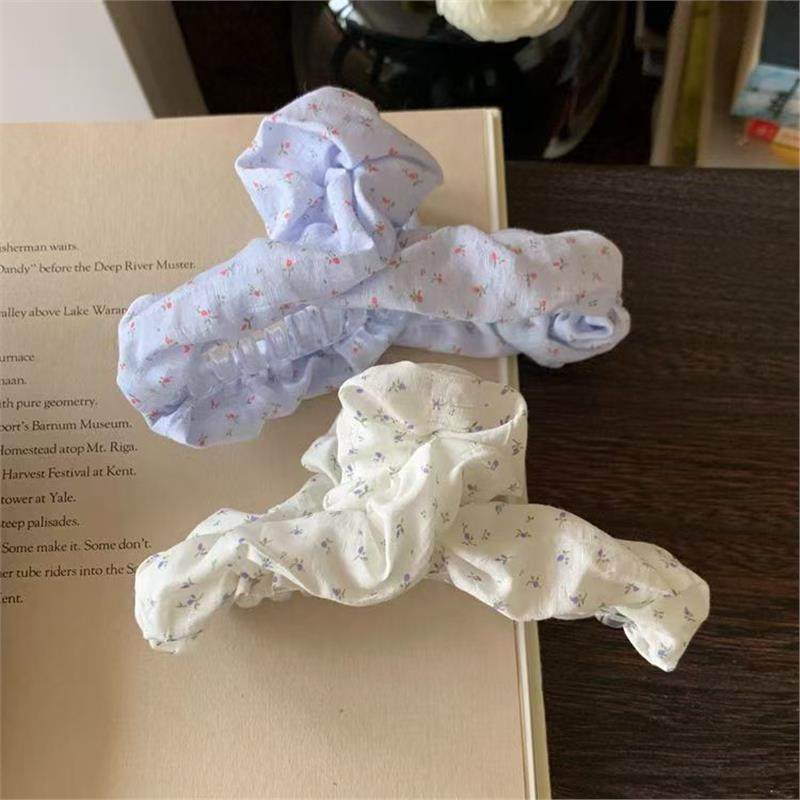 蓝白碎花褶皱抓夹泡泡布艺鲨鱼夹后脑勺盘发夹显发量发爪半扎发卡,饰品/流行首饰/时尚饰品新,发饰,淘宝优惠券,粉丝福利购,淘宝优惠卷