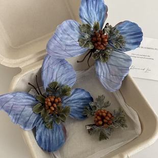 蓝色枯叶蝶发夹新中式边夹拍照道具出片旗袍汉服气质优雅头饰