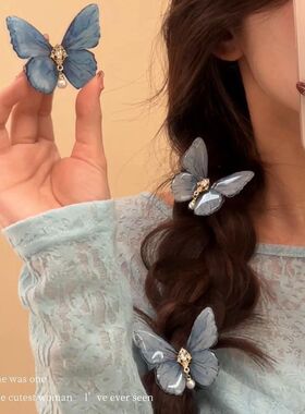 2024年新款超仙冰蓝蝴蝶流苏发夹女森系少女刘海侧边鸭嘴夹子发卡