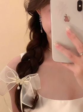 灵动白月光 白色蝴蝶结发饰网纱发夹女高级感气质后脑勺头饰发卡