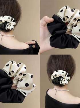 韩系优雅少女感黑色雷瑟大肠发圈ins风波点拼接发绳发饰