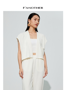 F'Another夏季白色无袖马甲外套垂感高级背心面膜针织面料