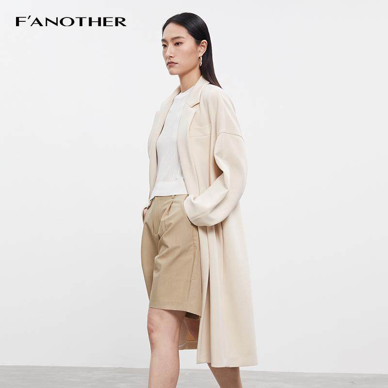 商场同款Fanother名邦长款正肩西装翻领弧形米色直筒型呢简约大衣