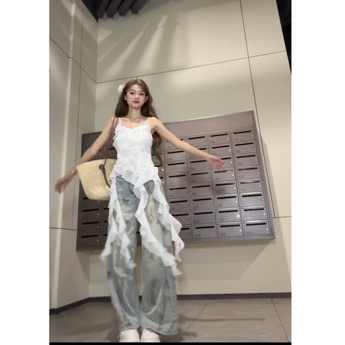 Seven七分糖白色吊带背心女不规则飘带显瘦无袖上衣搭配牛仔裤