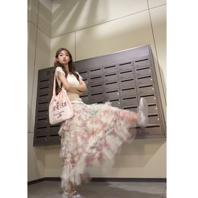 Seven七分糖蕾丝花边V领短袖T恤女夏碎花半身裙网纱蛋糕裙子套装