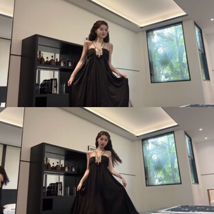 Seven七分糖黑色挂脖吊带连衣裙女秋冬内搭收腰长裙显瘦御姐裙子