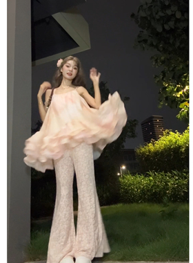 Seven 七分糖荷叶边法式晕染吊带背心女夏套装蕾丝微喇叭裤两件套