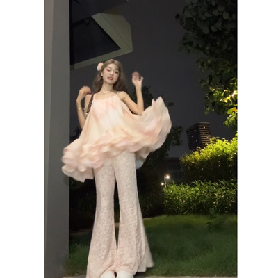 Seven 七分糖荷叶边法式晕染吊带背心女夏套装蕾丝微喇叭裤两件套