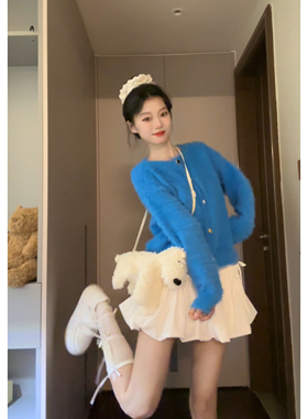 Seven七分糖克莱因蓝色针织开衫女高级感软糯毛绒加厚毛衣外套