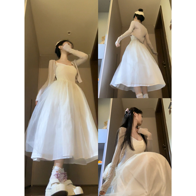 Seven 七分糖八音盒女孩芭蕾风网纱连衣裙女收腰显瘦长裙针织开衫