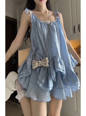 Seven 七分糖 海盐小众立体花吊带背心蓝色套装女夏蓬蓬裙两件套