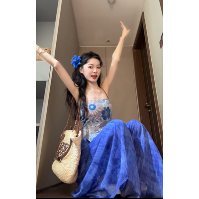 Seven 七分糖 海边度假风蓝色印花露肩吊带上衣晕染阔腿裤两件套