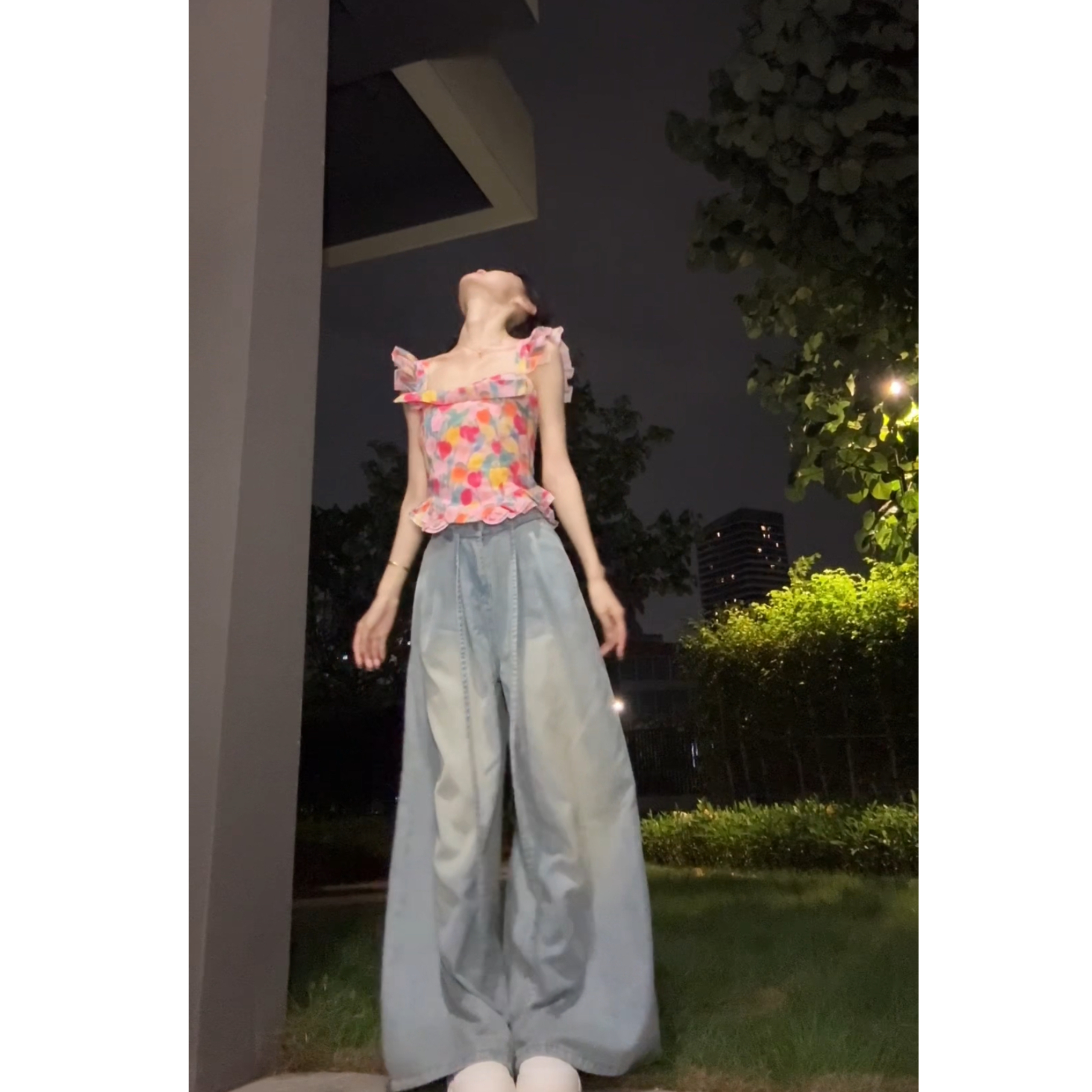 Seven 七分糖油画少女花色方领飞飞袖上衣女2025夏度假修身短吊带