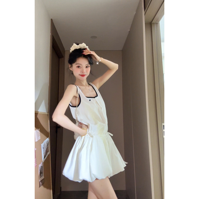 Seven 七分糖韩系甜美运动背心连衣裙女2025收腰显瘦白色花苞短裙