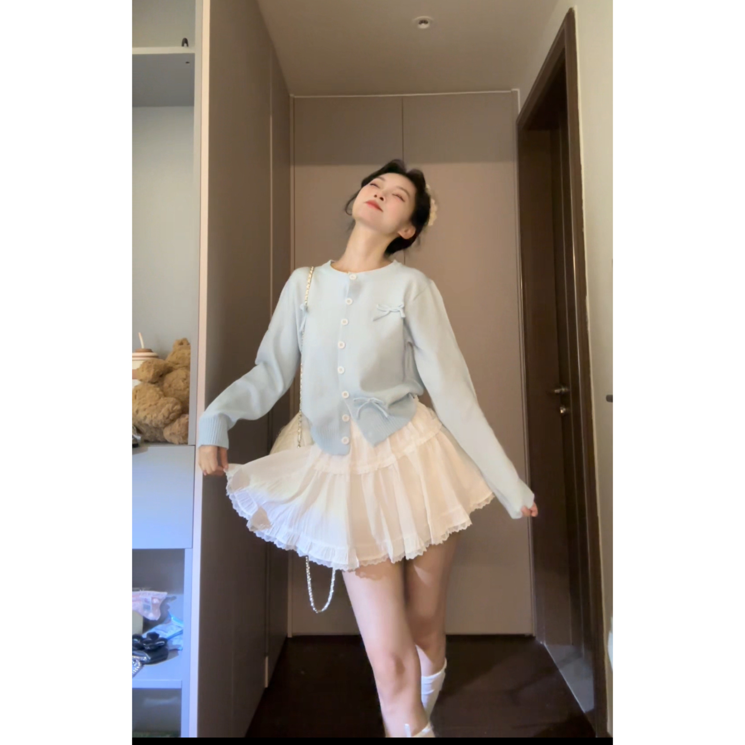 Seven七分糖甜妹女秋冬韩系蓝色针织开衫芭蕾风蛋糕半身裙套装