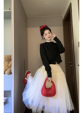 Seven 七分糖韩系长袖短款针织外套温柔风网纱半身裙2025秋两件套