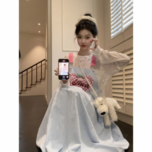 七分糖多巴胺少女拼色背带连衣裙女秋宽松减龄中长款背带裙