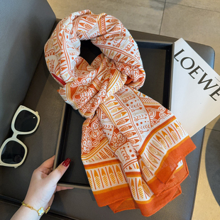 棉麻围巾女靓丽橙神秘塔罗牌气质百搭优雅名媛春秋保暖外搭披肩潮
