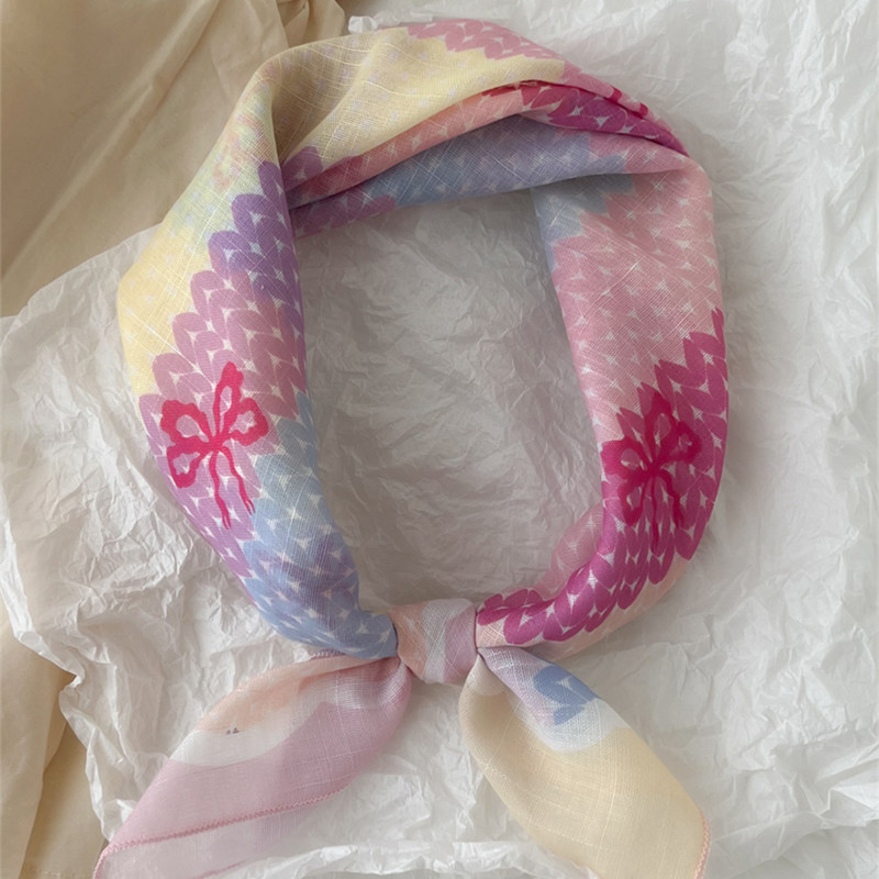 甜心蝴蝶结丝巾女棉麻小方巾韩系氛围感显白防晒包头巾护颈领巾夏