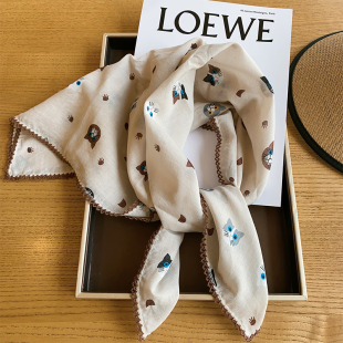 丝巾女原创设计可爱猫咪纯棉方巾韩系百搭防晒包头巾护颈领巾春夏