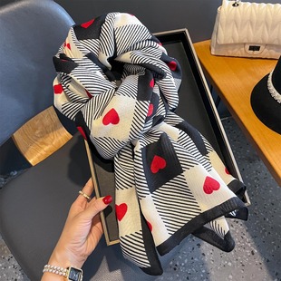 爱心格子棉麻围巾丝巾女韩系氛围感薄款秋冬保暖长款两用披肩外搭