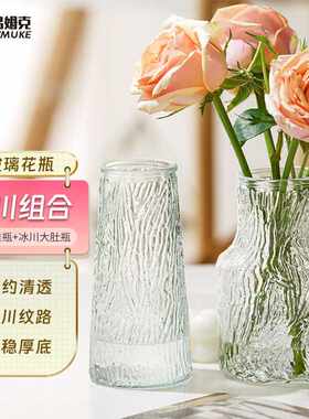 吕姆克花瓶客厅装饰花瓶摆件玫瑰百合插花瓶冰纹透明组合花瓶玻璃