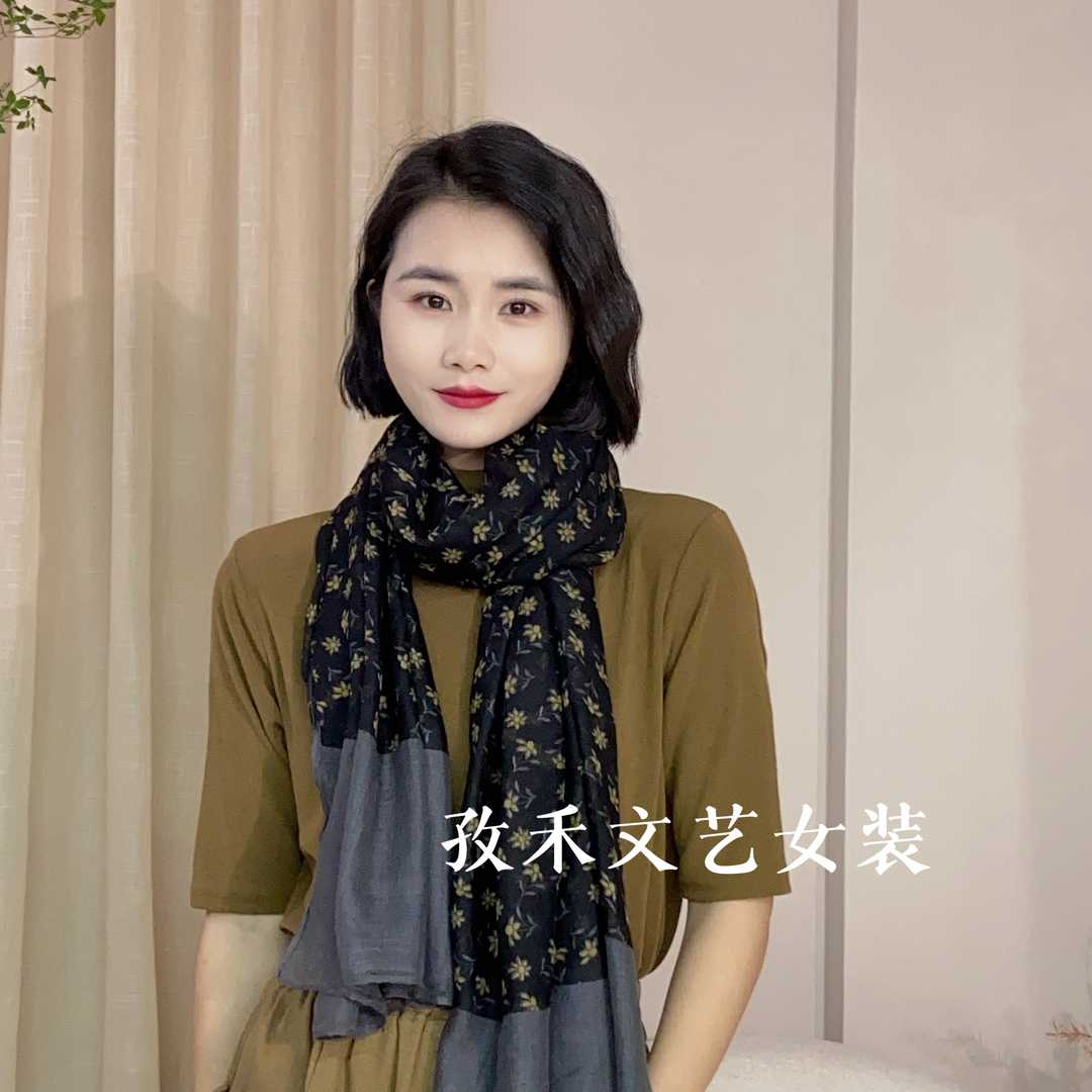 孜禾文艺女装女士围巾时尚百搭印花长款优雅巴厘纱围巾仿棉麻围脖