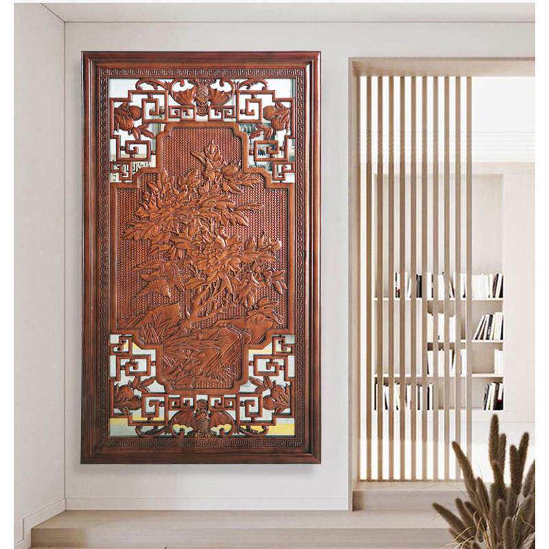 东阳木雕挂件玄关中式壁挂镂空雕牡丹花香樟木实木屏风隔断背景墙