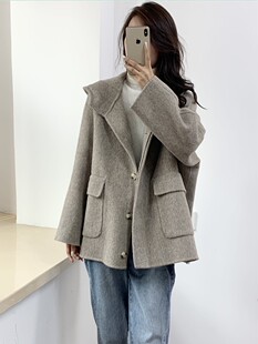 鲤雨高端显瘦大码 外套 宽松双面呢子大衣女冬连帽慵懒风绵羊毛短款