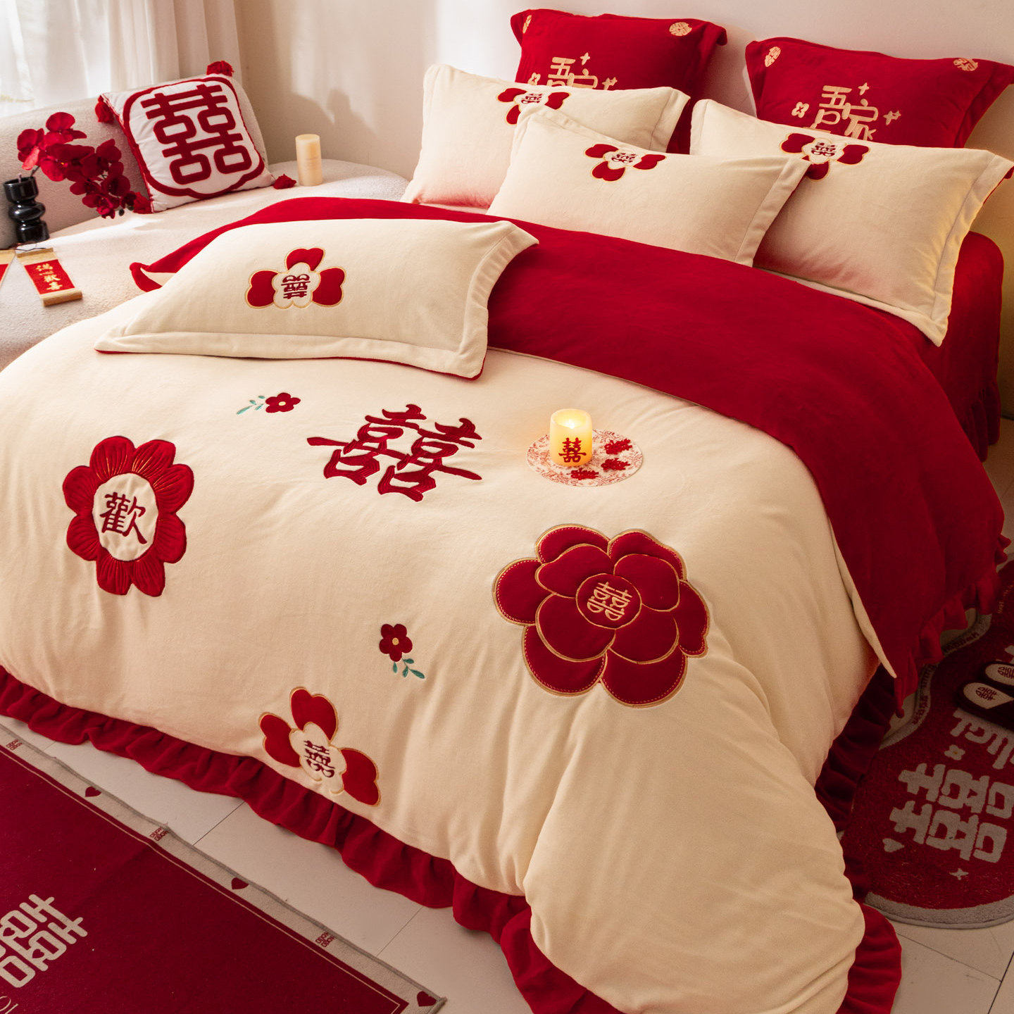 全棉纯棉新婚牛奶绒四件套婚庆结婚双面绒被套冬季珊瑚绒床单红色,床上用品,婚庆床品套件,淘宝优惠券,粉丝福利购,淘宝优惠卷