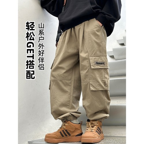 2025秋冬新款儿童休闲工装裤纯棉 熊猫圆圆大口袋男童加绒裤子