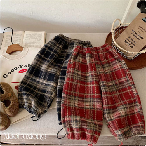 儿童加绒休闲裤2025冬季新品男女童加厚格子毛呢裤男孩宝宝束脚裤