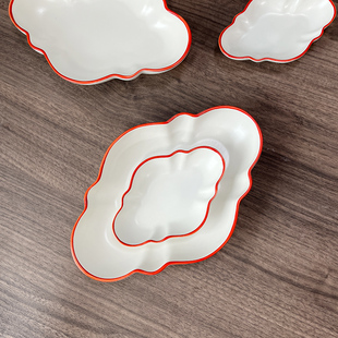 创意红色喜庆陶瓷盘子如意盘家用白色红边厚底餐具7.8英寸菜盘子