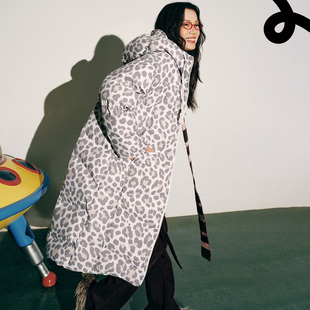 eral nc星迹002都市通勤波浪航线立体帽加厚保暖女生豹纹羽绒服