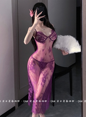 嫣紫微醺夜*韵味紫色蕾丝吊带睡裙开叉性感气质女长裙网纱透视裙