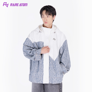 RARE ATOM官方复古拼色牛仔外套男 2024新款潮牌廓形休闲连帽夹克