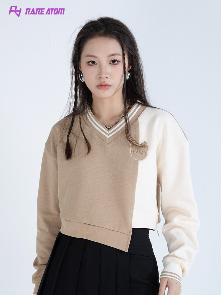 rare atom不对称撞色拼色短款卫衣女士设计感v领宽松套头长袖卫衣
