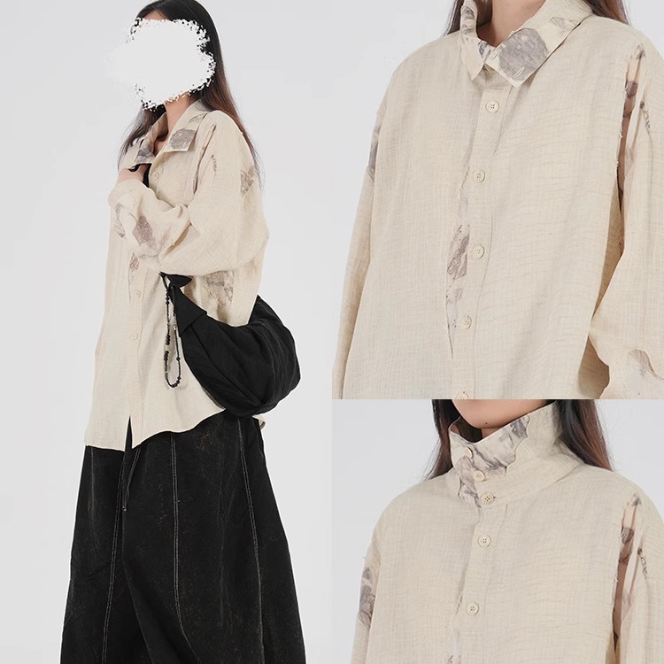 日系复古提花机理长袖高领衬衣