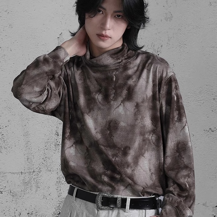 浮游野人高领打底衫复古晕染印花