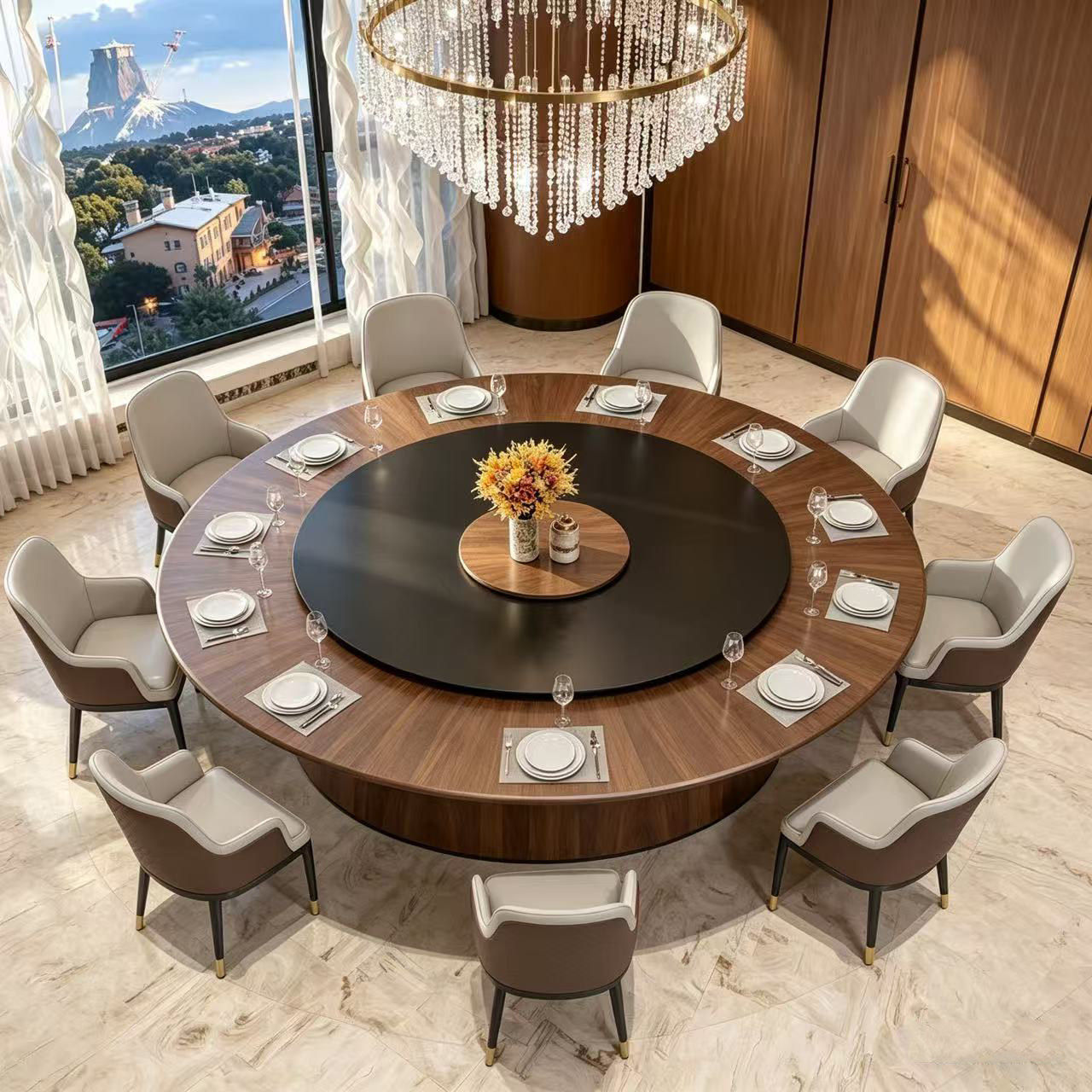 酒店大圆桌电动餐桌椅组合现代简约高端饭店别墅会所包厢宴会